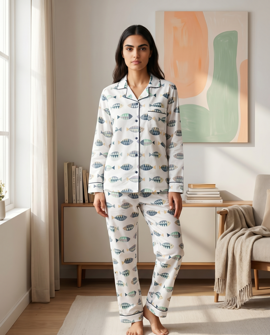 Whimsical Fish Print Notched Collar Set