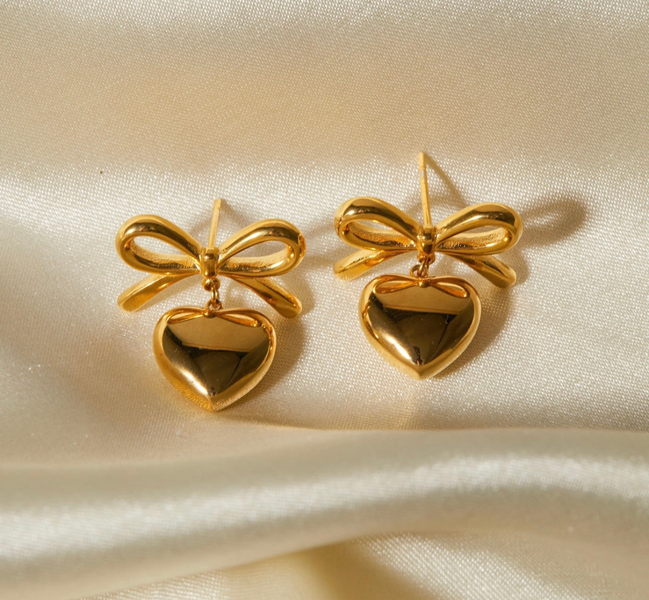 Golden Bow Heart Earrings