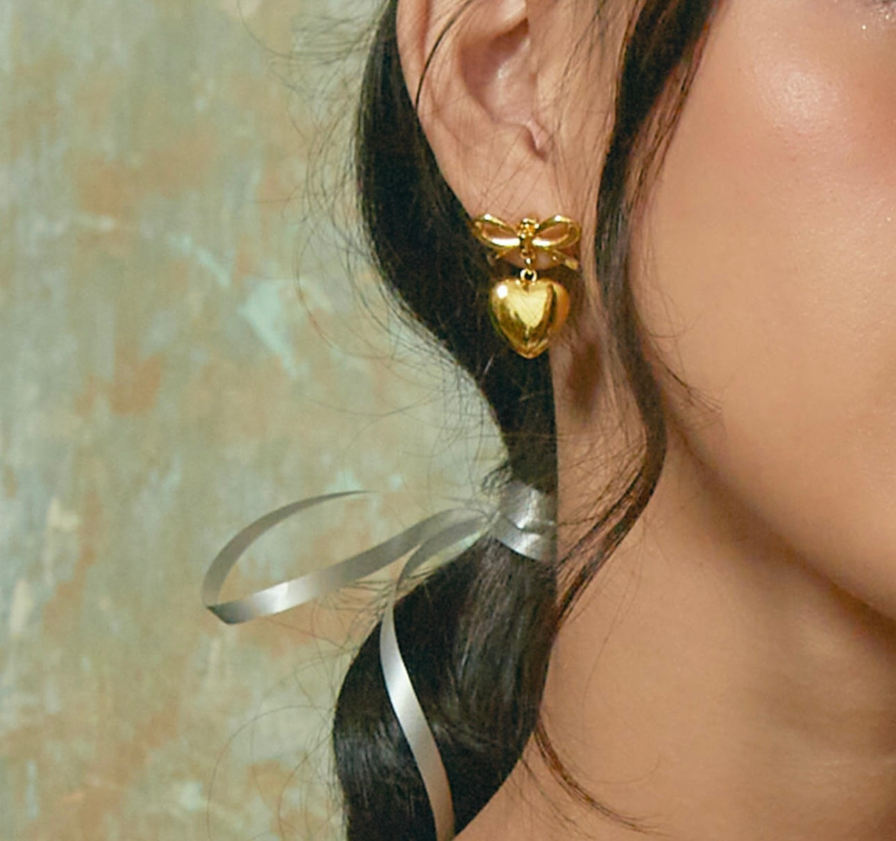 Golden Bow Heart Earrings